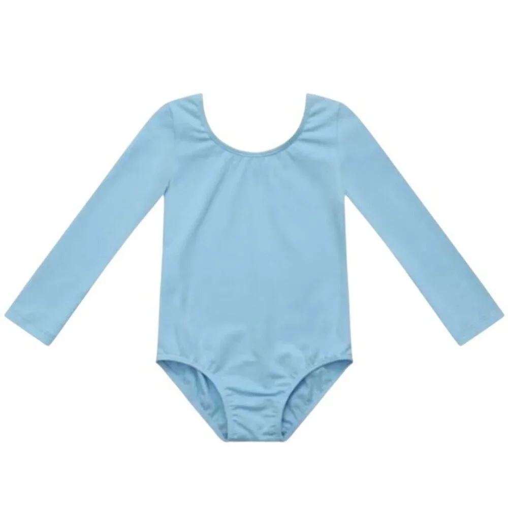 Danskin Childs L 12-14 Long Sleeve Leotard Sky Blue Scoop Neck Bodysuit Dance